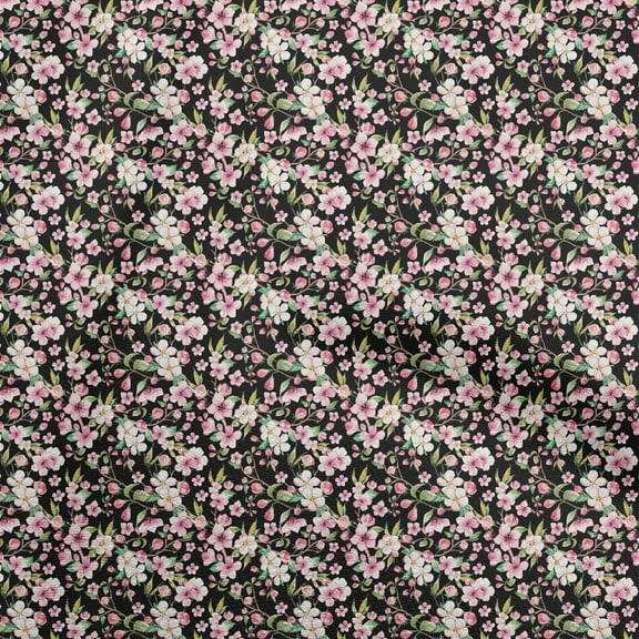 oneOone Cotton Cambric Black Fabric Watercolor Floral Sewing Material Print Fabric By The Yard 56 Inch Wide-aD
