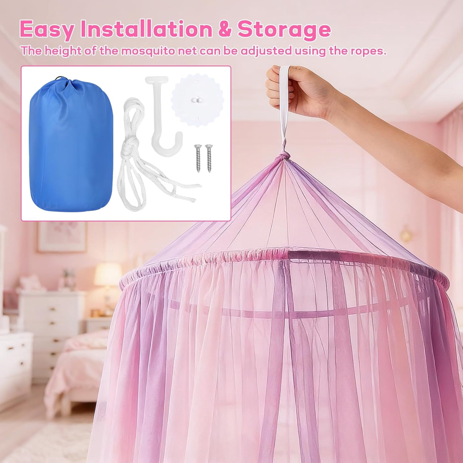 Mosquito Net Bed Canopy for Girls, Princess Bed Canopy Curtains Hanging Netting Bedroom Decor for Girls, Adults, Baby Crib, Dome Mosquito Netting Bed Tent Purple & Pink