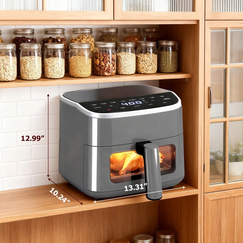 Dozzle 4QT Visual Window Air Fryer, 1500W Touchscreen Display with 8 Cooking Presets, Automatic Shut-Off, Nonstick Basket Dishwasher Safe, 60-Minute Timer, Up to 400°F, Gray