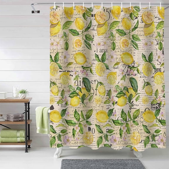 Vintage Summer Lemon Theme Shower Curtain, Newspaper Background Shower Curtain Set with Hooks, Spring Summer Waterproof Fabric Shower Curtains for Bathroom Decor, 72x84 Inch Bath Curtain