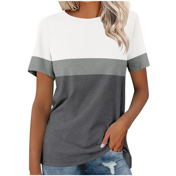 Women’s T Shirts Short Sleeve Color Block Tops Casual Summer Fashion Tees Gray XXXXL
