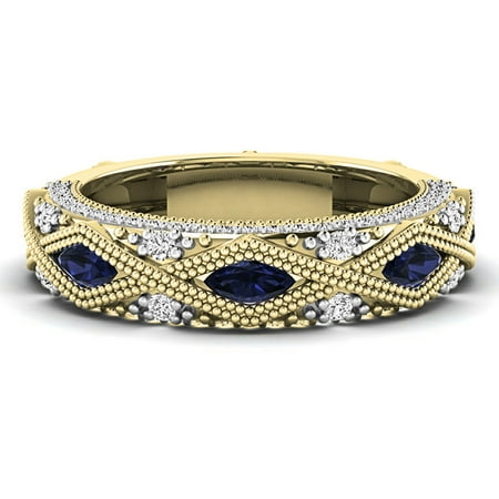 Sapphire Wedding Band - Dazzlingrock Collection 14K Marquise Blue Sapphire & Round Diamond Ladies Stackable Wedding Band, Yellow Gold, Size 7