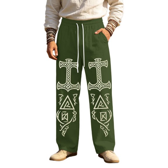 CONZONE Men's Baggy Viking Sweatpants Wide Leg Sweat Pants for Men Trendy Elastic Waist Drawstring Norse Mythology Graphic Y2K Soft Casual Joggers Pant With Pockets