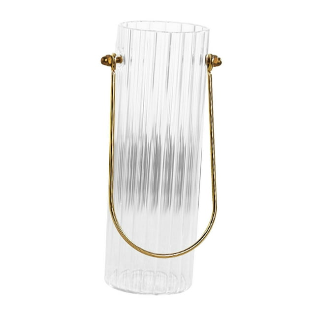 Jarrón de flores de vidrio cilíndrico transparente con líneas rayadas y asa de transporte de metal para 9x20cm