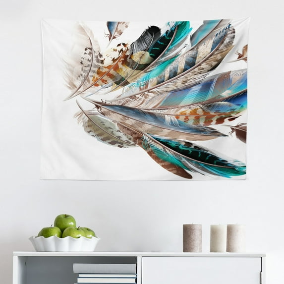 Feathers Tapestry, Western Feather Setting Pigmented Bird Body Parts Growth Nature Design, Fabric Wall Hanging Decor for Bedroom Living Room Dorm, 2 Sizes, Multicolor, by Ambesonne