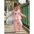 thumbnail image 3 of Lairauiy Toddler Girl Summer Outfits Ladybug/Strawberry Embroidery Smocked Cami Tops+ Elastic Waist Long Pants 2 Pcs Set, 3 of 9
