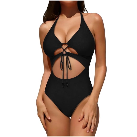CLOISE Monokini Swimsuits for Women One Piece Full Coverage Halter Neck Bathing Suit Bow with Adjustable Straps Solid Swimwear Vacation Beachwear