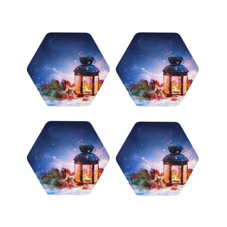 

Tideii Lantern On Snow With Christmas for Leather Coasters 4 Pieces Anti-fouling and Anti-scalding Decorative Coasters Suitable for Restaurants Kitchens Coffee Shops-Hexagon