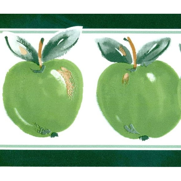 Concord Wallcoverings Wallpaper Border Fruits Pattern Apples Leaves for Kitchen Cottage Farmhouse, Green White Brown, 5.25 Inches by 15 Feet CK70342