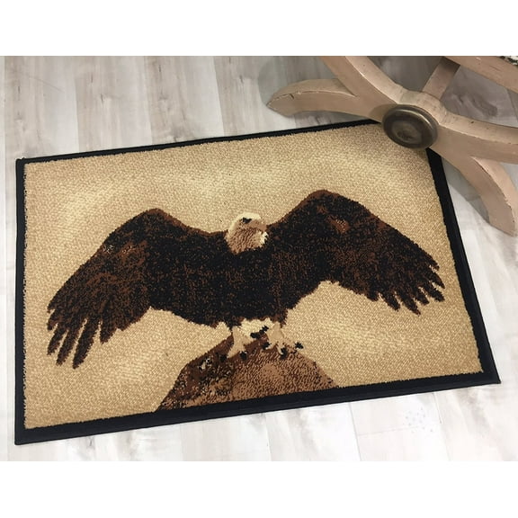 Lodge, Cabin Nature and Animals Area Rug - Nature Pattern Cabin Area Rug - Abstract, Chocolate/Beige-Eagle on Mountain Top