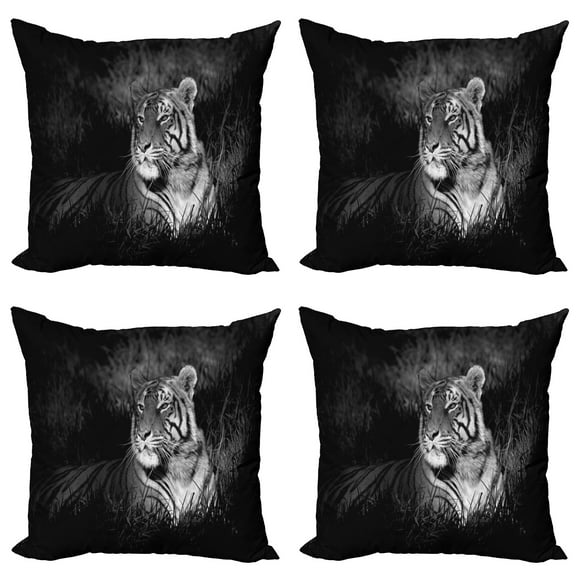 Ambesonne Black and White Throw Pillow Cover 4 Pack, Bengal Tiger, 20", Black White