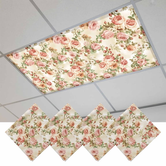 Fluorescent Light Covers for Ceiling Lights Classroom, Pink Retro Rose Magnetic Ceiling Light Cover Filter for School,Office, 2X4 FT, Pack of 4, Vintage Floral