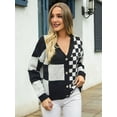thumbnail image 6 of Womens Color Block Plaid Button Down Cardigan Long Sleeve Cable Knit Checkered Sweaters Tops Y2k Aesthetic Clothes Black S, 6 of 10