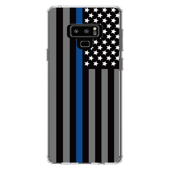 DistinctInk Clear Shockproof Hybrid Case for Samsung Galaxy Note 9 - TPU Bumper, Acrylic Back, Tempered Glass Screen Protector - Thin Blue Line US Flag Law Enforcement - First Responders