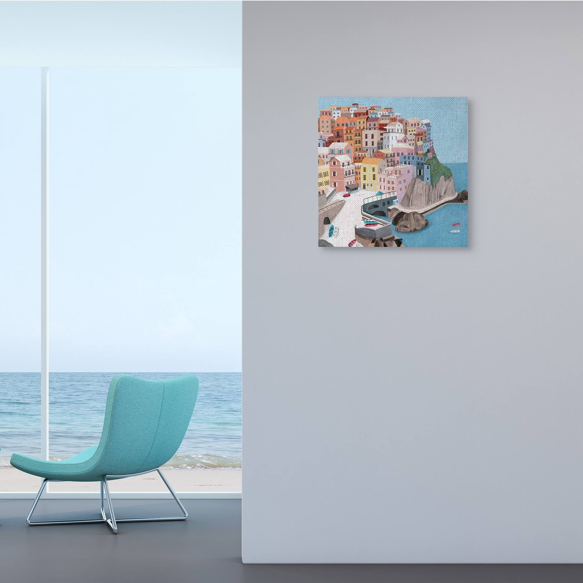 Cliffside City Skyline Seaside Urban Architecture Art for Kids Gallery-Wrapped Canvas Print Wall Art, 17x17