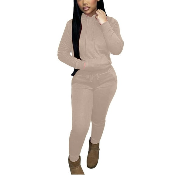 Womens Petite Lounge Sets 2 Piece Outfits Fall Linen Sets for Women 2 Piece Plus Women's Solid Color Sports Casual Comfortable Fashion Plus Velvet Drawstring Hooded Two-piece Set