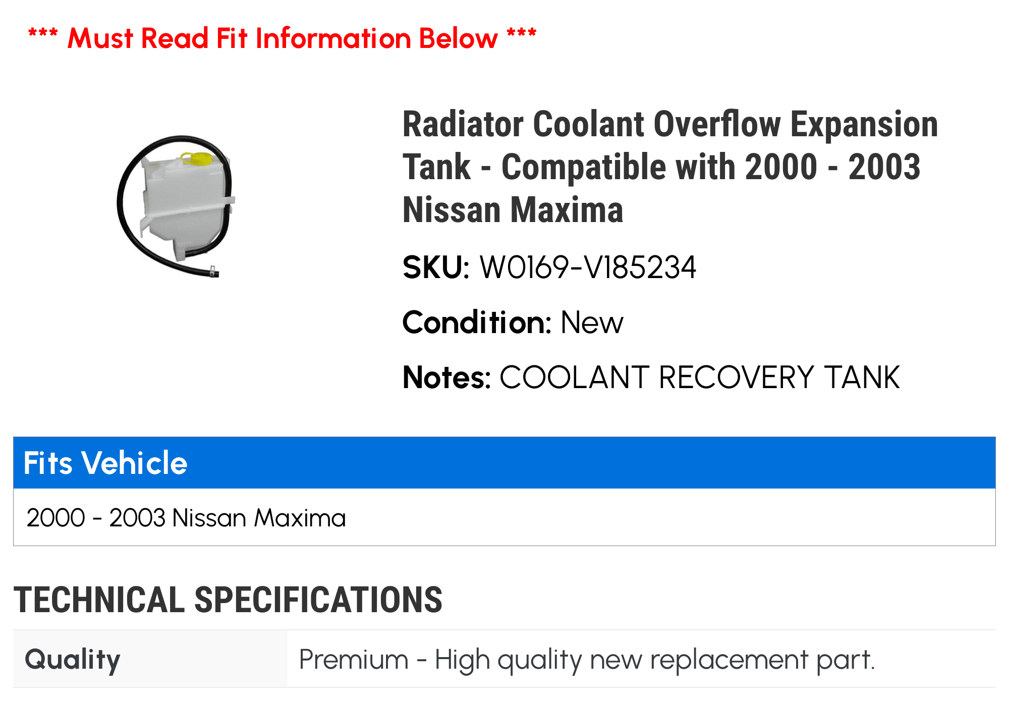 Radiator Coolant Overflow Expansion Tank - Compatible with 2000 - 2003 Nissan Maxima 2001 2002