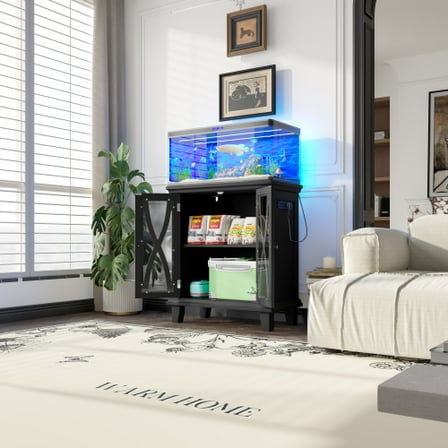 YINGYING 20 Gallon Fish Tank Stand, Wooden Aquarium Stand with Power Outlets (4 AC 2 USB), Farmhouse Decorative Terrarium Stand Furniture with Adjustable Shelves for Home Office