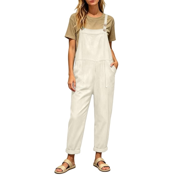 Lenpel Overalls for Women Lounge Sleeveless Adjustable Button Strap Tapered Rompers Casual Loose Vintage Jumpsuits with Pockets