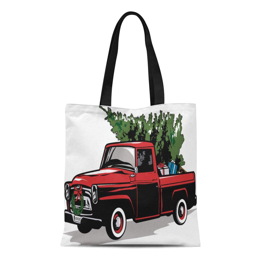 ASHLEIGH Canvas Tote Bag Red Christmas Holiday Truck Tree Vintage Old