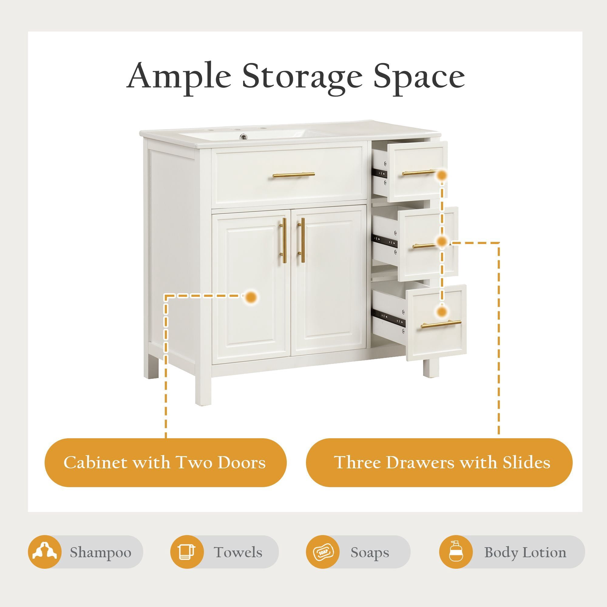 DEALTOPS Stylish Bathroom Vanity with Sink Top, Vanity Cabinet with Cabinet and 3 Drawers, White