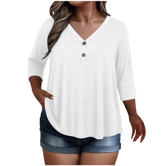 NominalSnug Womens Plus Size 3/4 Sleeve Tops V Neck Button Tee Shirts Dressy Casual Blouse Basic Loose Fitted Tunic Top