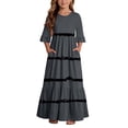 thumbnail image 2 of Girls Summer Maxi Dress Kids Striped Short Sleeve T-Shirt Dress for School Casual Dress with Pockets Dark Gray 11-12 Years, 2 of 7