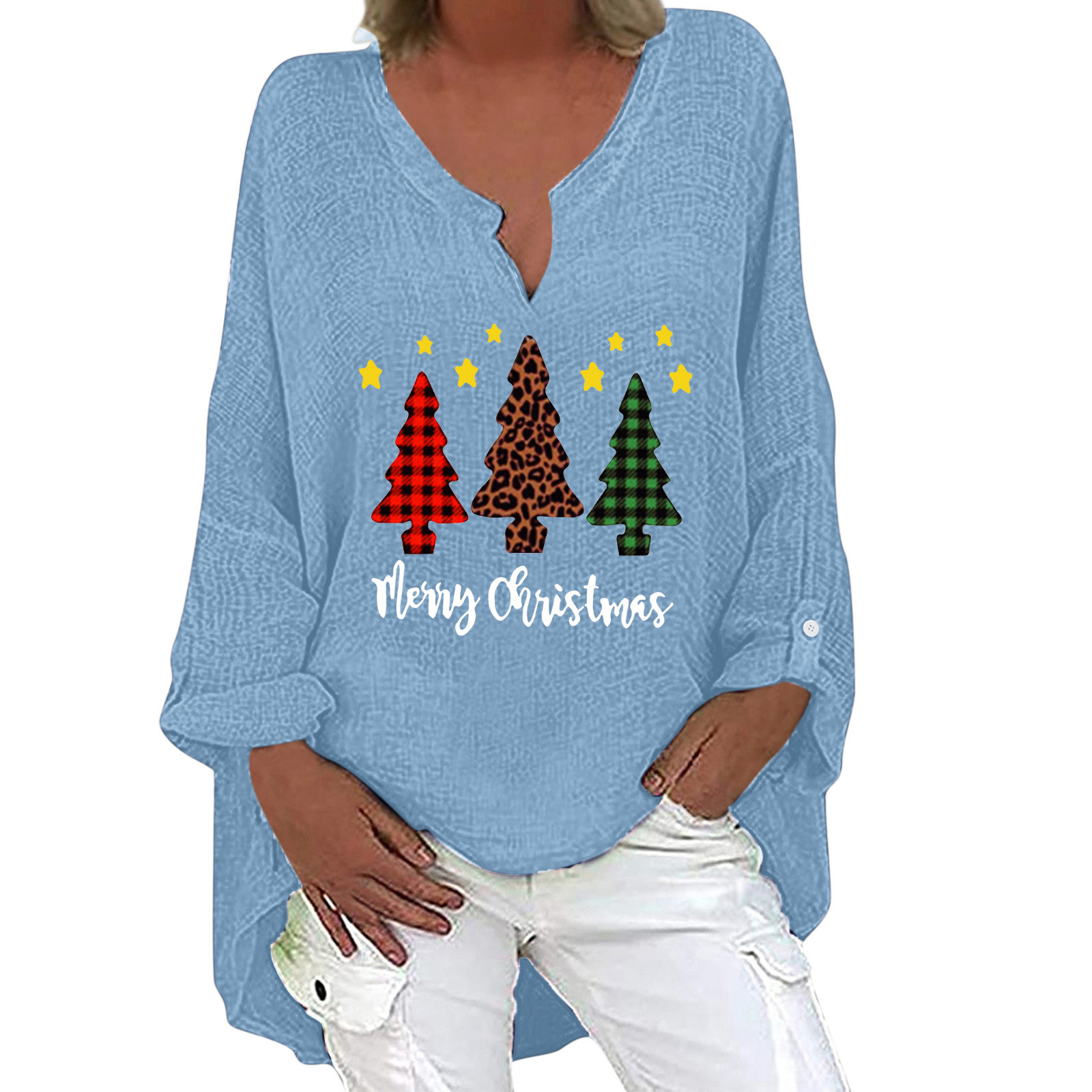 T-shirt Col V Manches Longues Motif Noël Pour Femmes - Idéal Pour Les Fêtes D'hiver