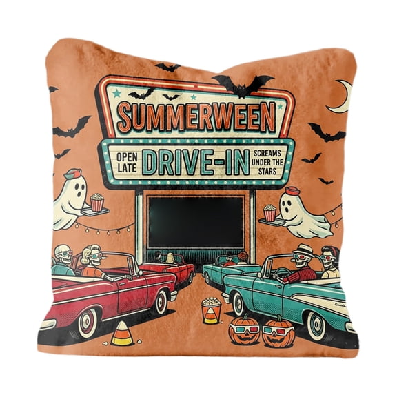 Summerween Decor Square Pillow Cover 18x18in, Retro Tropical Halloween Ghost Design Plush Throw Pillowcase, Comfort Couch Accent for Summerween Party Decorations