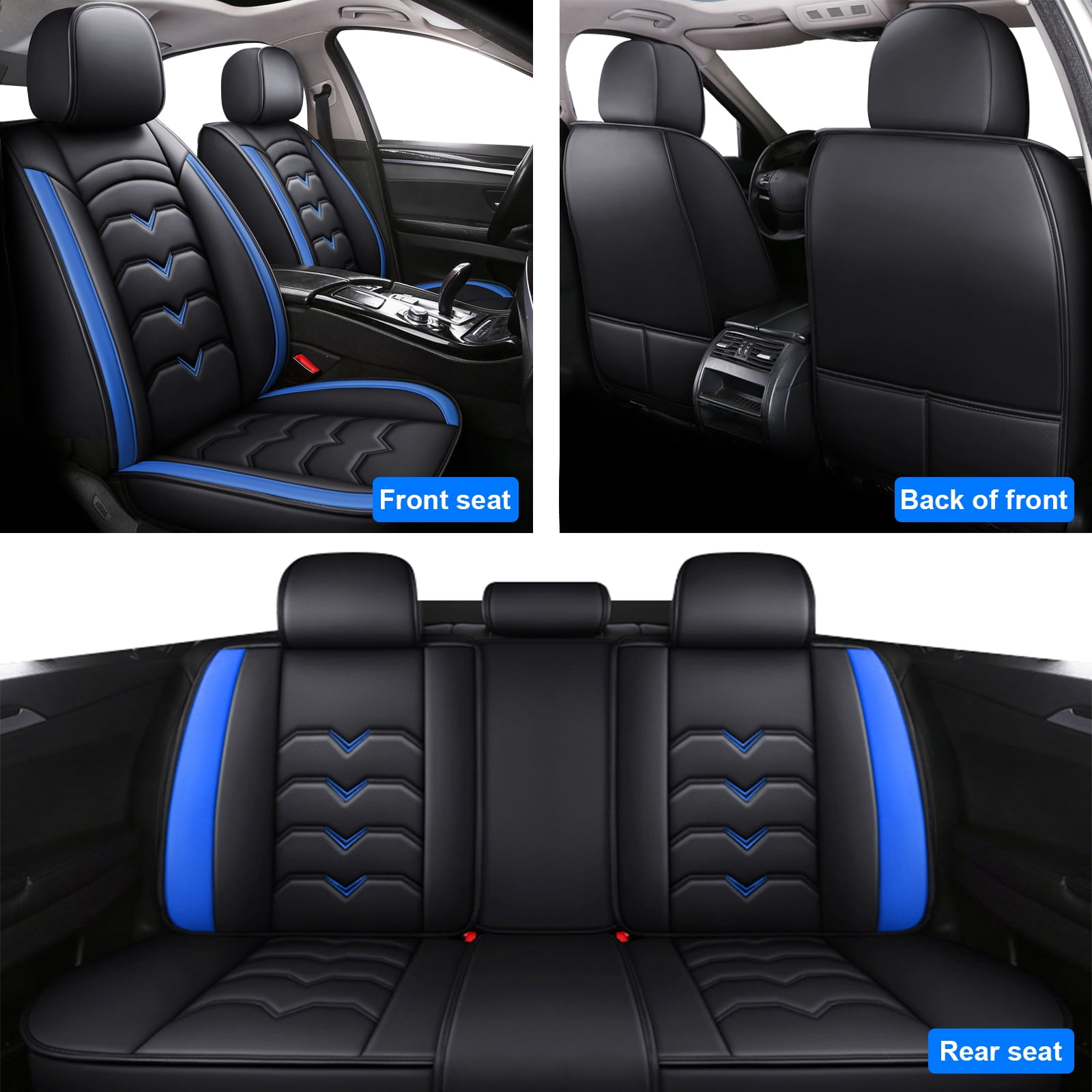 Premium Car Seat Covers for Kia 5-Seat Full Set, Waterproof PU Leather Front Rear Seat Protector with Pillow Black&Blue