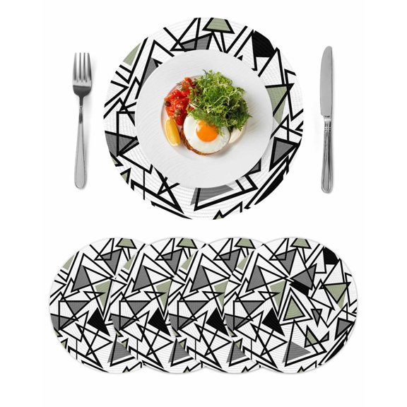 Sage Green Black Geometric Round 13 Inch Placemats Set of 4, Abstract Art Modern Line HeatResistant Non Slip Place Mats for Dining Table, Wipeable Braided Kitchen Table Mats for Housewarming