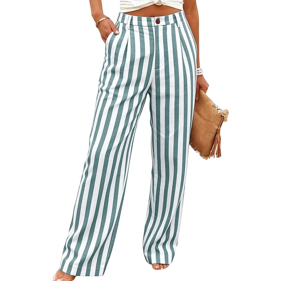 Cagogo Women Striped Wide Leg Pants High Waisted Flowy Loose Cotton Linen Casual Long Trousers Beach Work Lounge Summer Clothes, Green 2XL