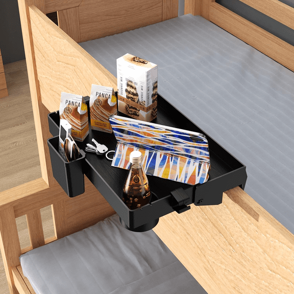 Folding Bedside Shelf with Cupholder, Clip-On Bedside Table, Nightstand Hanging Tray, Caddy Organizer for Bed & Bunk Bed, College, Dorm, Loft, Bed Essentials, Black