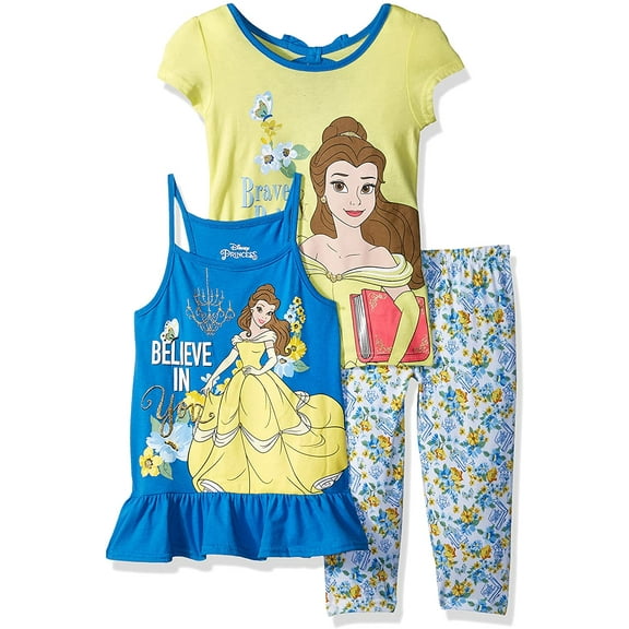 Disney Princess Belle 3 PC Short Sleeve Shirt Tank Top Legging Set Girl Size 5