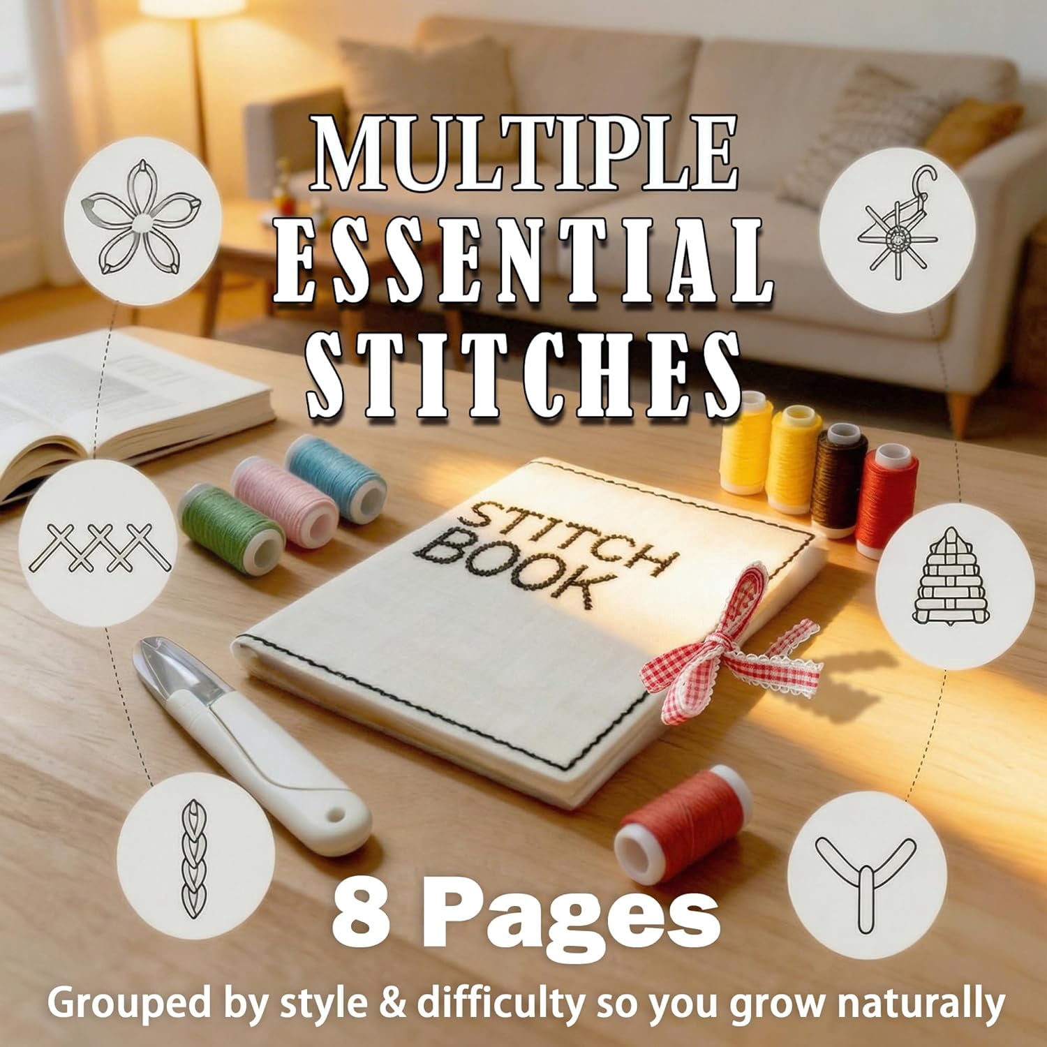 Embroidery Stitch Book Kit for Beginners - Complete DIY Embroidery Kit with Patterns, Tools, Video Tutorials, Ideal for Craft Lovers & Handmade Gift