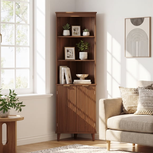 Costway 68" Tall Corner Cabinet with Fluted Doors, 6-Tier Space Saver Display Shelves Bathroom Storage Cabinet Walnut