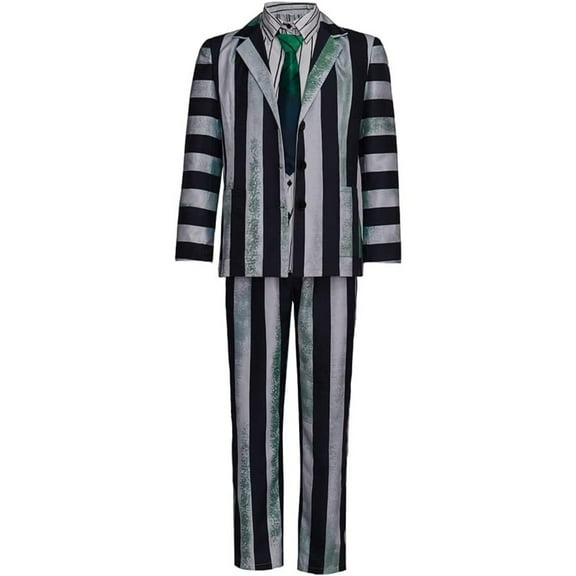 Tim Burton Style Men's Black & White Striped Horror Musical Suit - Blazer, Pants, Shirt & Tie