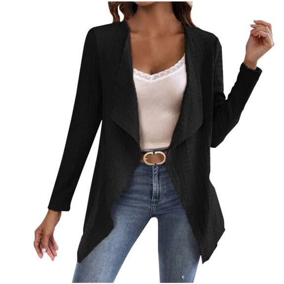 wdsxpo Womens Jacket Trendy Lapel Draped Pleated Knit Cardigans Irregular Hem Open Front Jacket Casual Lightweight Fall Coats