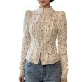 thumbnail image 2 of Women's Fashion Elegant Commute Stand Collar Blouse, Lace Crochet Detail with Chinese Frog Button Closure, for Office Work or Daily Casual Outfits in Spring Beige, 2 of 6