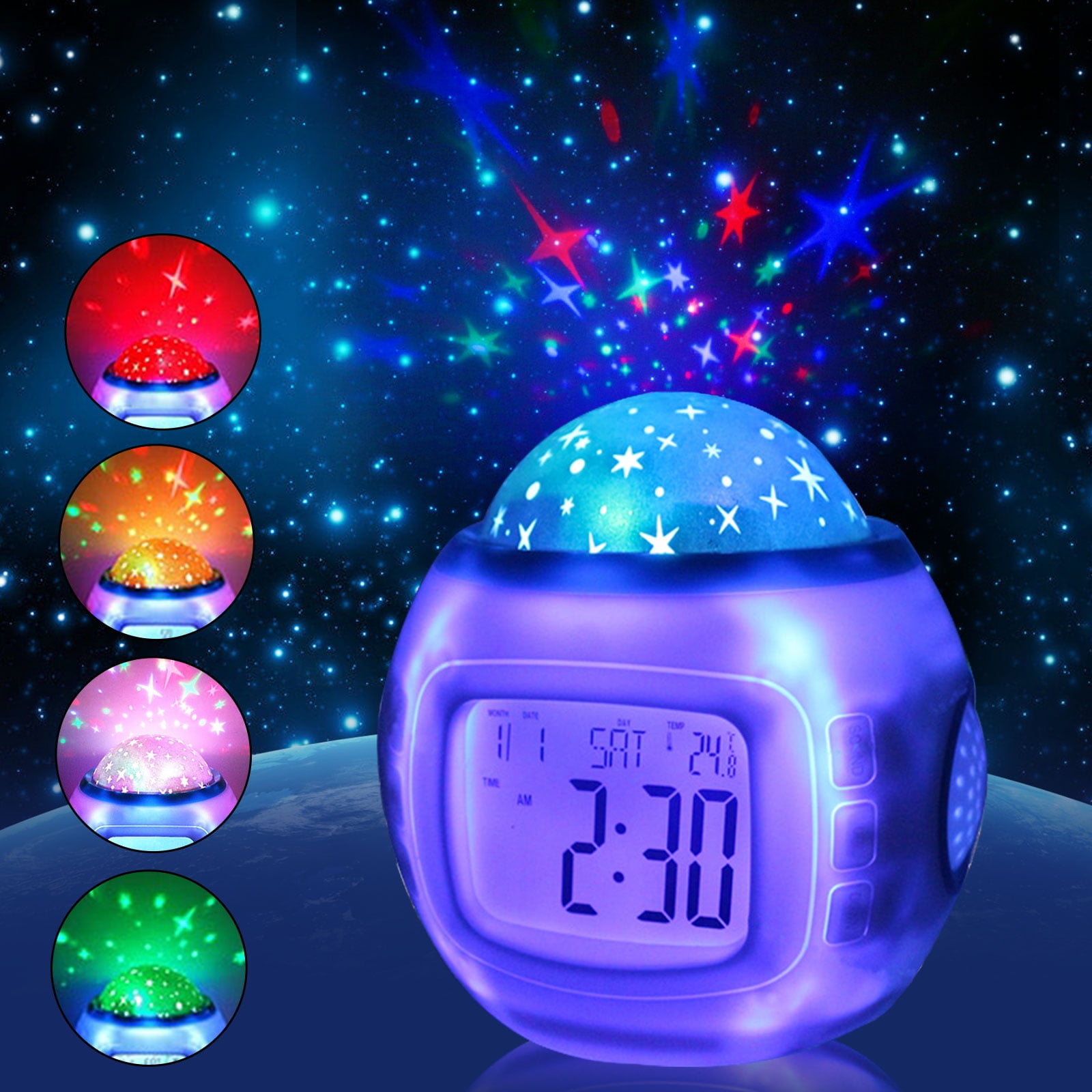 Projection 7 Color Sky Night Light Clock LED Star Projector Kids Alarm Clock 