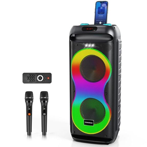 HUABAO 40W Portable PA Speaker System with 2 Wireless Microphones | Bluetooth Karaoke Machine with LED Lights & Wheels | for Home, Party, Outdoor Use