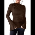 thumbnail image 3 of Camiseta Básica con Cuello Alto Fruncido y Mangas Largas con Volantes para Mujer Color Café XL, 3 of 10