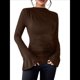 thumbnail image 3 of Camiseta Básica con Cuello Alto Fruncido y Mangas Largas con Volantes para Mujer Color Café L, 3 of 10