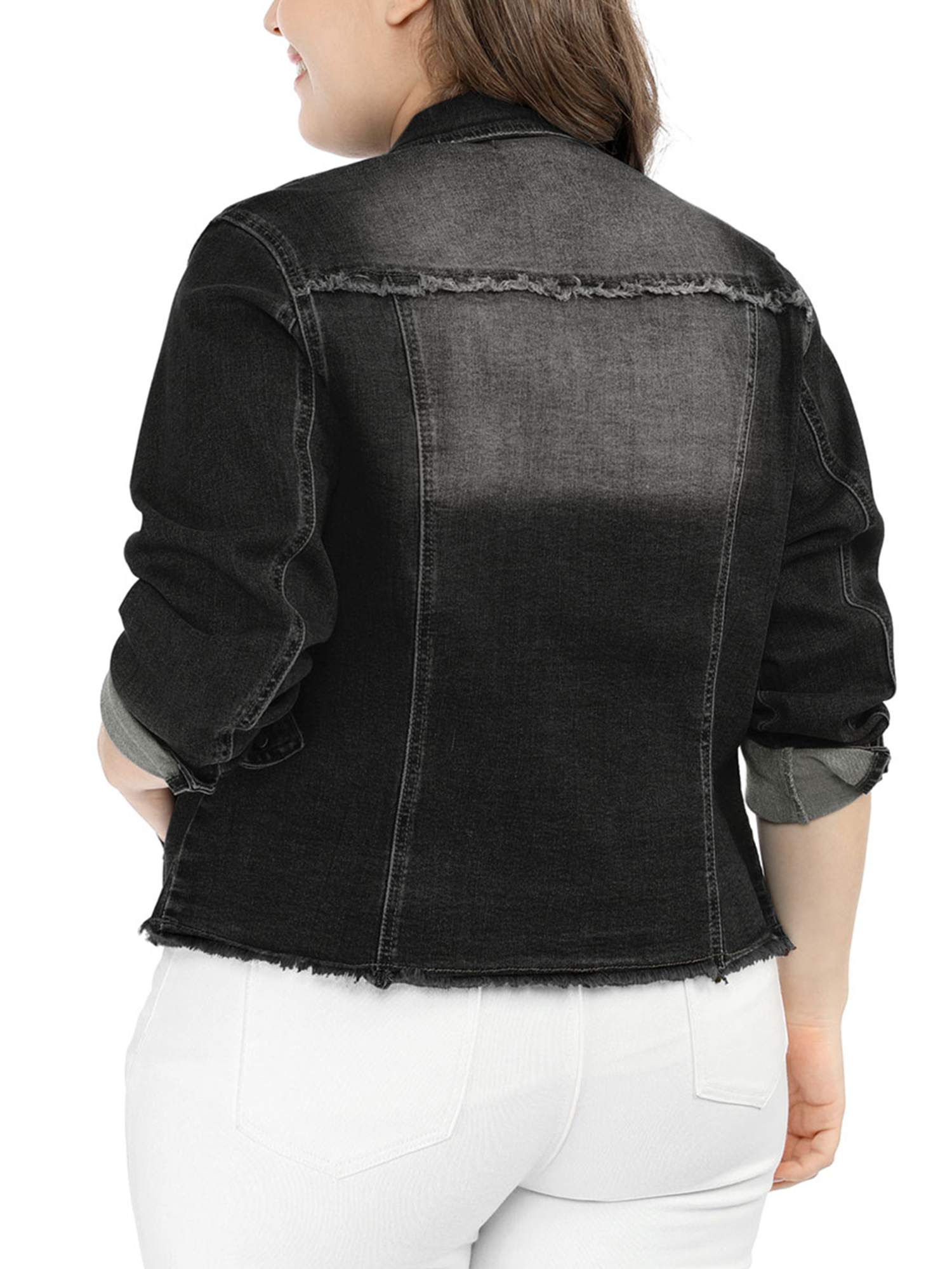 Unique Bargains Women's Plus Size Washed Front Frayed Classic Denim Jacket - image 4 of 8