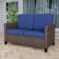 thumbnail image 3 of EAGLE PEAK Ocean Vista Patio Variated Brown All-weather PE Wicker Loveseat Sofa with Extended Armrest, Blue Cushions, 3 of 9