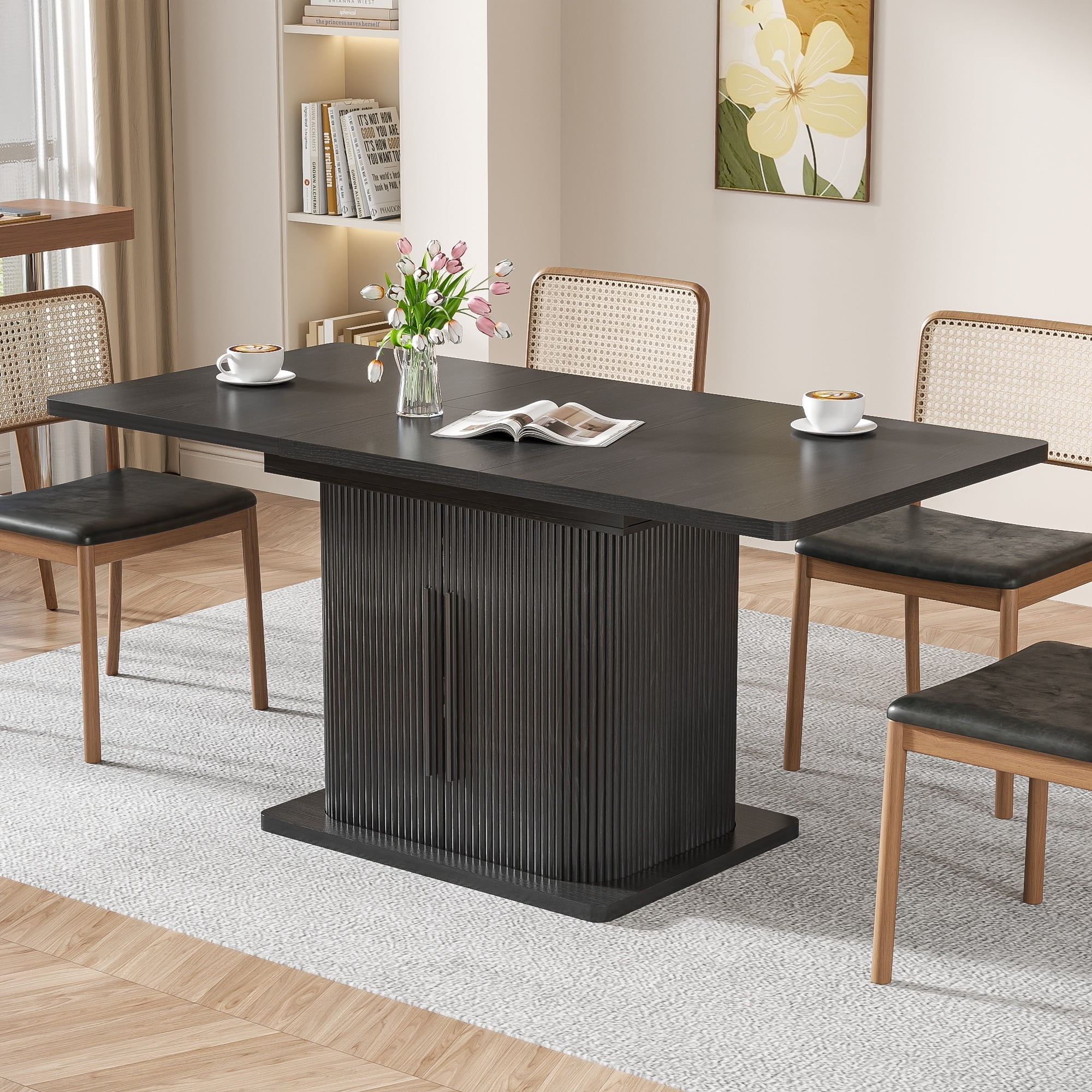 Extendable Dining Table, Rectangle Kitchen Table with Storage Shelf, Modern Dining Room Table, Living Room, Office, Black