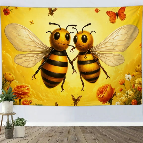 Patifu Cute Bees Flowers Printed Polyester Tapestry Wall Hanging for Bedroom Living Room Dorm 90*60in