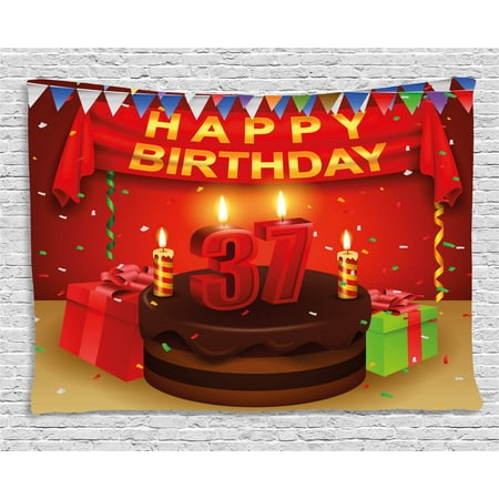 - 37th Birthday Decorations Tapestry, Chocolate Cake Gifts Balloons Flag Cute Icons Candles Artsy Image, Wall Hanging for Bedroom Living Room Dorm Decor, 60W X 40L Inches, Multicolor, by Ambesonne
