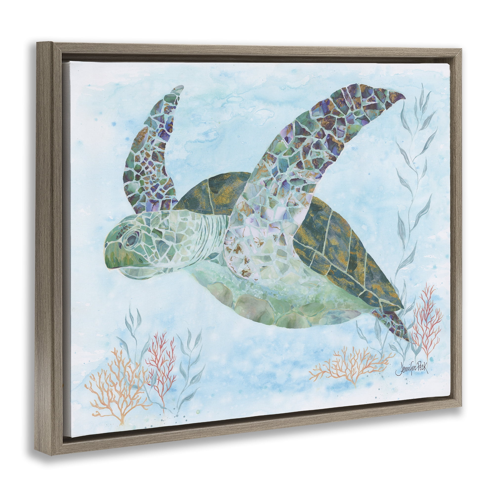 Stupell Industries Mosaic Tortoise Underwater Animals & Insects Painting Brown Floater Framed Canvas Art Print Wall Art, 31 x 25