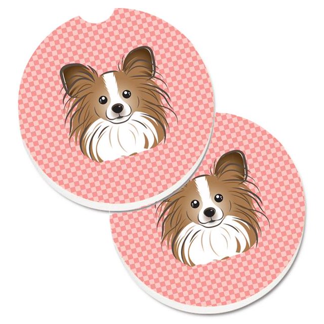 Checkerboard Pink Papillon Set of 2 Cup Holder Car Coaster